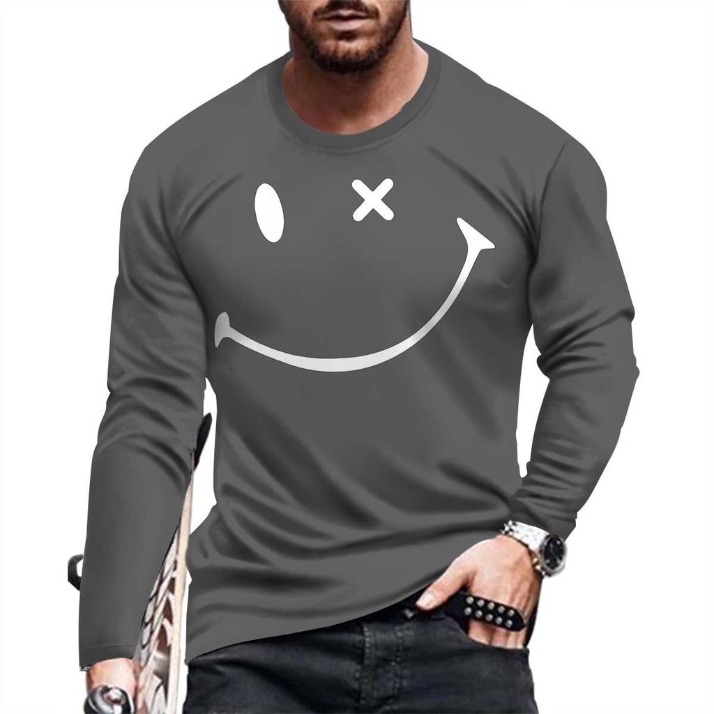 Футболка с длинным рукавом с 3D-принтом и рисунком смайлика для мужчин, простая мода, с объемным круглым вырезом и длинным рукавом