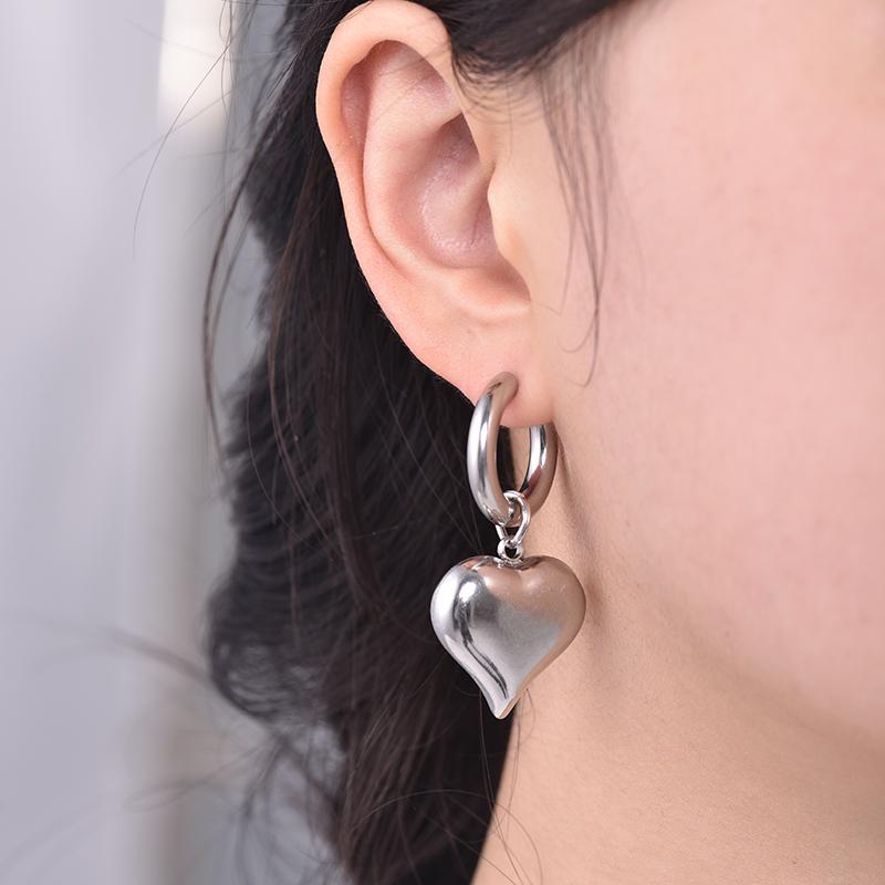 Classic Stainless Steel Heart Pendant Round Hoop Earrings For Women Gold Silver Color Big Statement Female Jewelry Earrings Gift