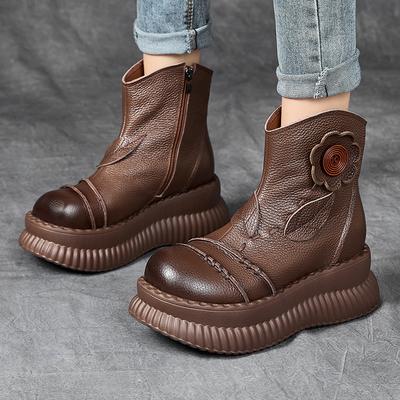 Модные полусапоги GKTINOO ручной работы на платформе для женщин из натуральной кожи, короткие ботинки на толстой подошве с цветочным узором, увеличивающие рост, женская обувь