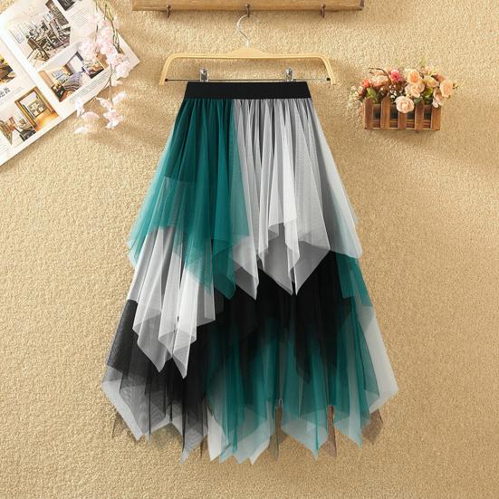 Женская юбка из тюля с высокой талией, плиссированная юбка, асимметричная женская юбка, контрастный цвет, неровный подол, юбка