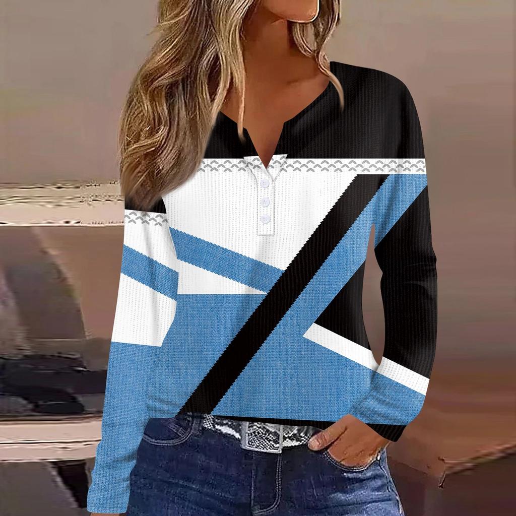Женская футболка с принтом на пуговицах, длинный рукав, вязаный свитер, повседневный, модный, на выходные, базовый, с V-образным вырезом, обычный топ