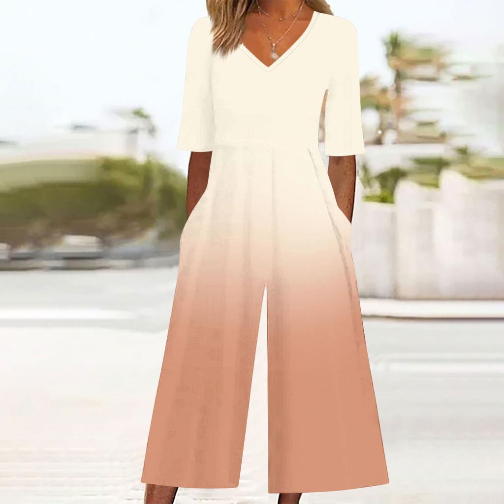 Женский свободный повседневный комбинезон с V-образным вырезом и градиентным принтом, приталенный, с широкими штанинами