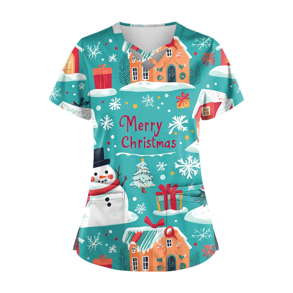 Women's Short Sleeve Stagger V Neck Christmas Print Pocket Dry-nurse Top