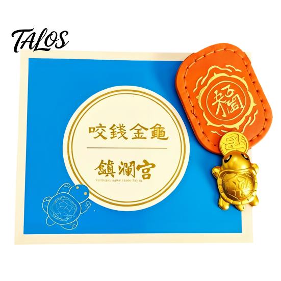 Chinese Culture Collectible Golden Turtle Feng Shui Ornament with Faux Leather Sleeve, Handmade Prosperity Wealth Talisman for Luck And Prosperity,