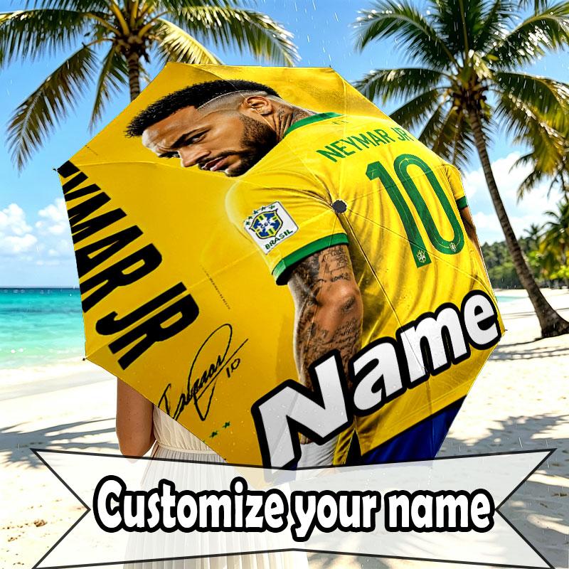 Custom Name Personalized Neymar Jr Print Umbrella, Auto Open Close, 8‑Rib Sturdy Frame, Commute Camping Hiking Use, Birthday Gift