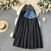 Denim Skirt Women's Design Contrast Color Patchwork Heavy Industry Pleat Long Pleated Skirt High Waist Slimming A- Line Skirt