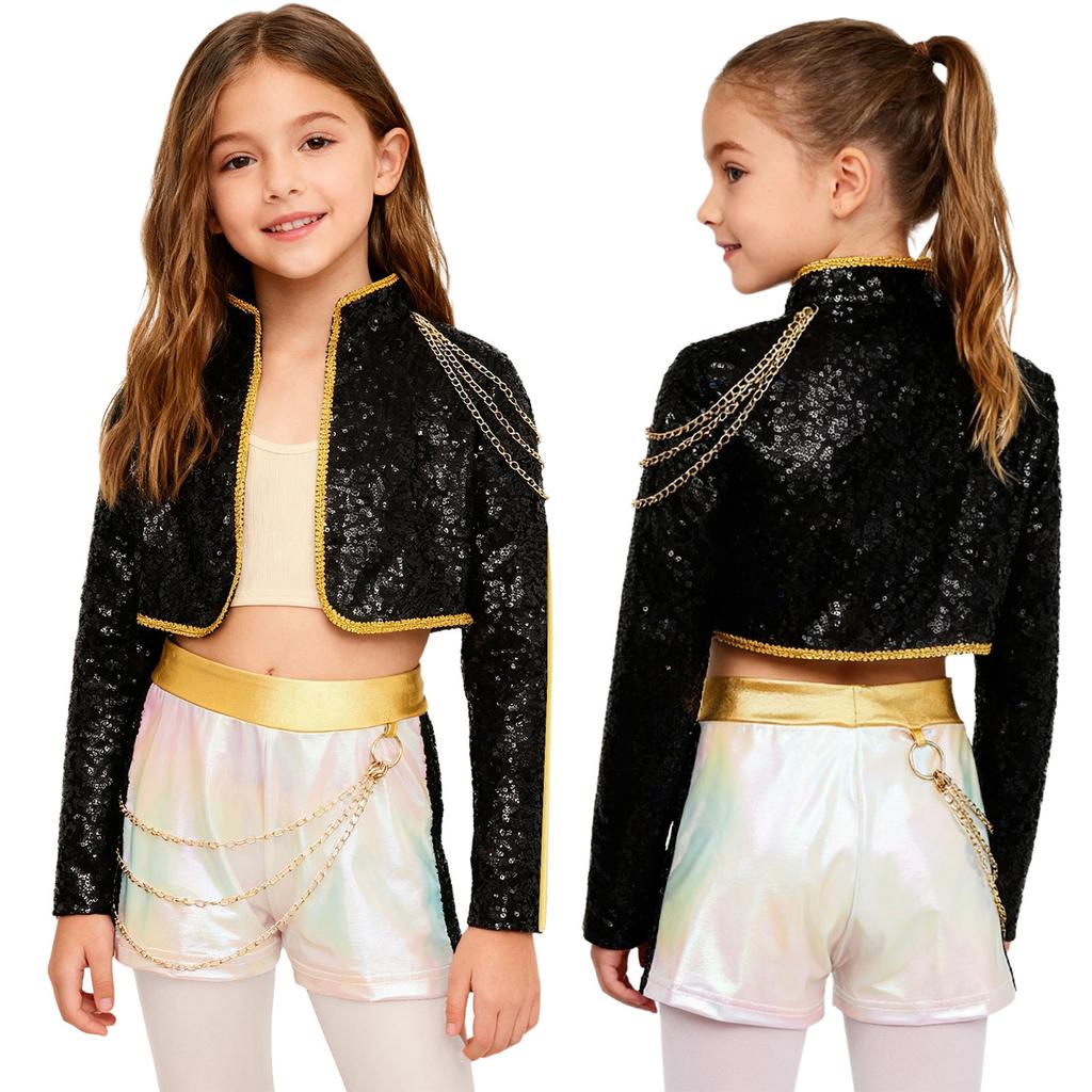 Костюм певицы-демона для девочек с пайетками, блестящий, с длинным рукавом, верхняя одежда, золотая цепочка на талию, шорты