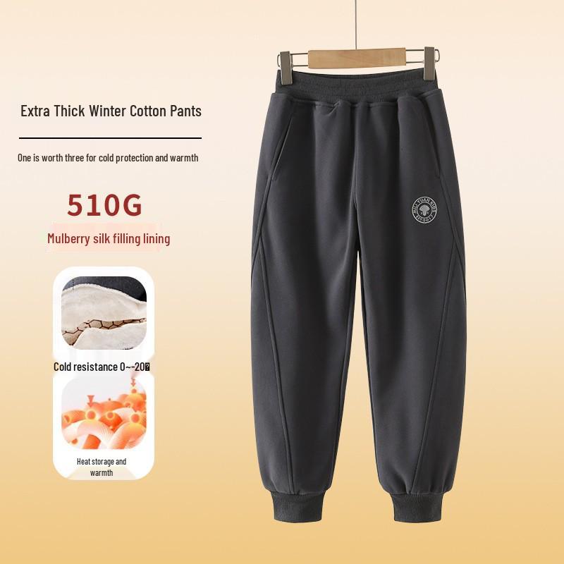 2024 Зимние утепленные хлопковые брюки на флисовой подкладке для мальчиков среднего и старшего возраста - Спортивный стиль