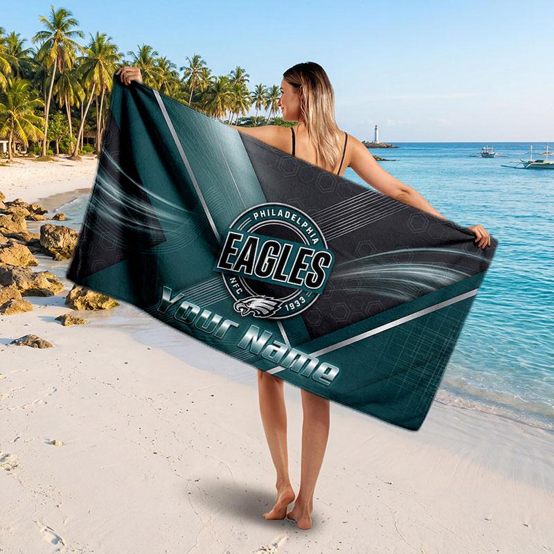Philadelphia Eagles Customized Name Text Beach Towel, Soft Absorbent Towel Beach Pool Travel Personal Gift