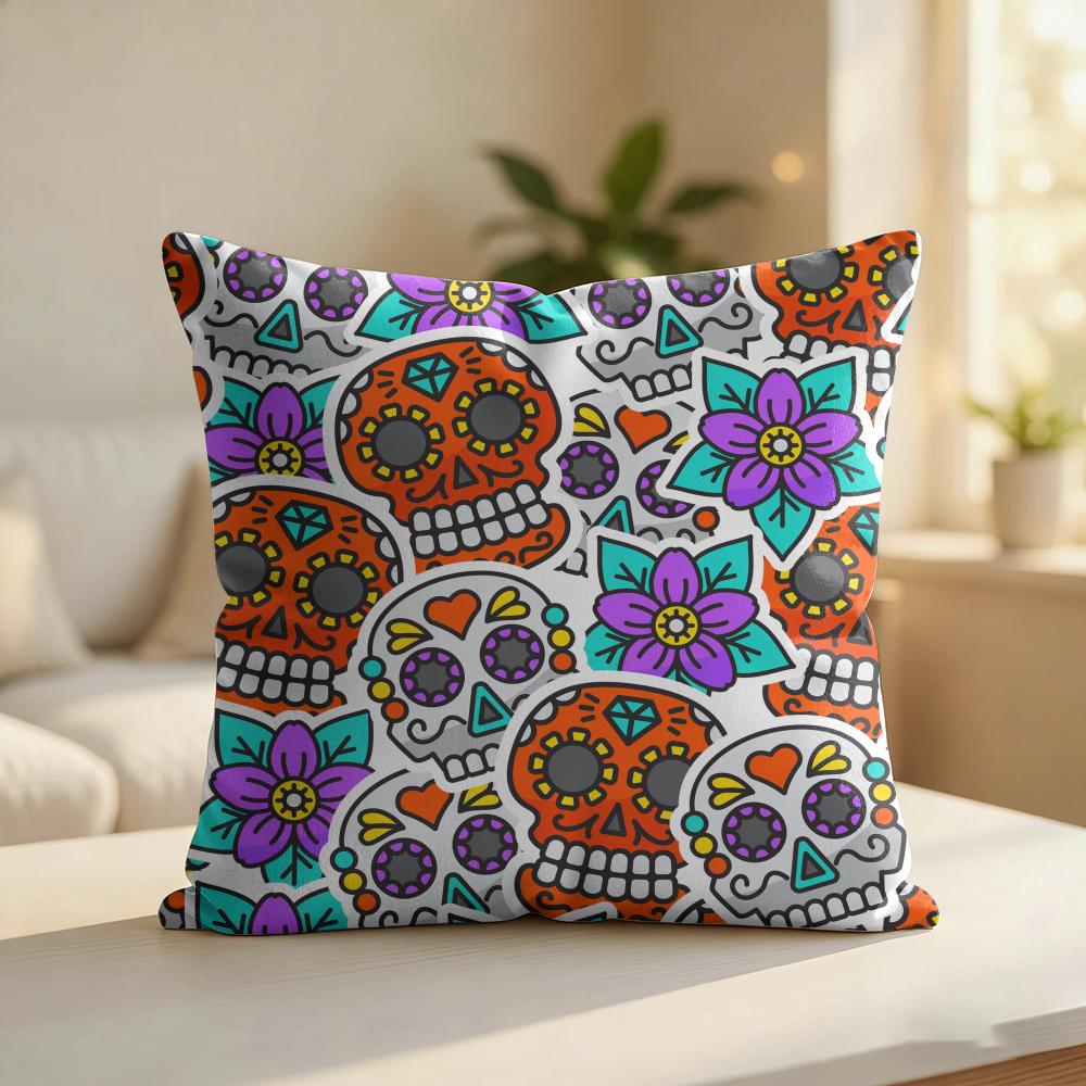 Day Of The Dead Pattern Cushion Cover Silky Short Plush Invisible Zipper Dustproof Sofa Pillow Case For Home Decor