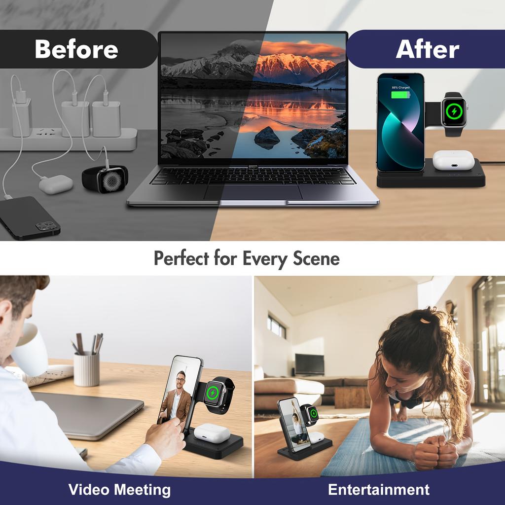 Беспроводная зарядная станция 3 в 1 Стандартная 15 Вт для Mag-Safe Быстрая беспроводная зарядка Стойка, для iPhone 17 16 15 14 13 12 11 X 8 Pro Max/Pro/Mini/Plus