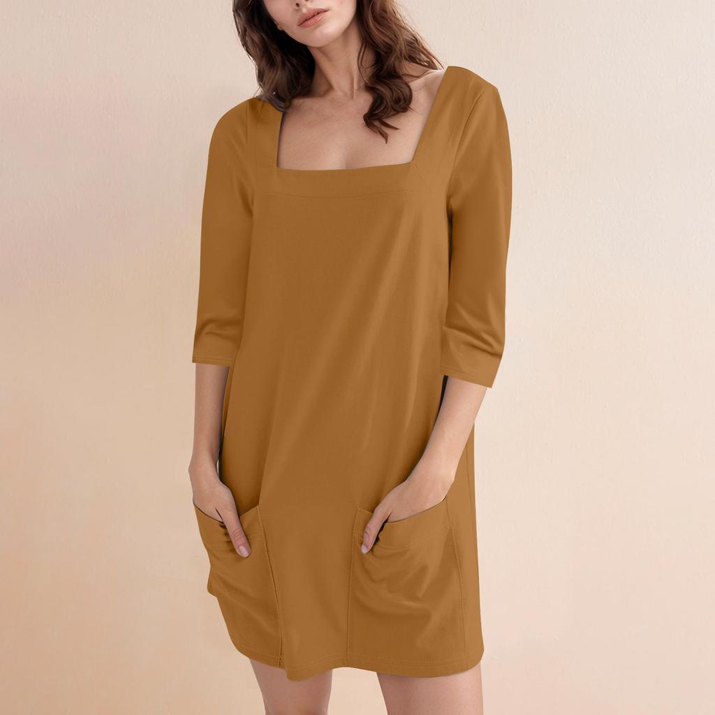 Женское модное повседневное однотонное короткое платье с квадратным вырезом и рукавом 3/4