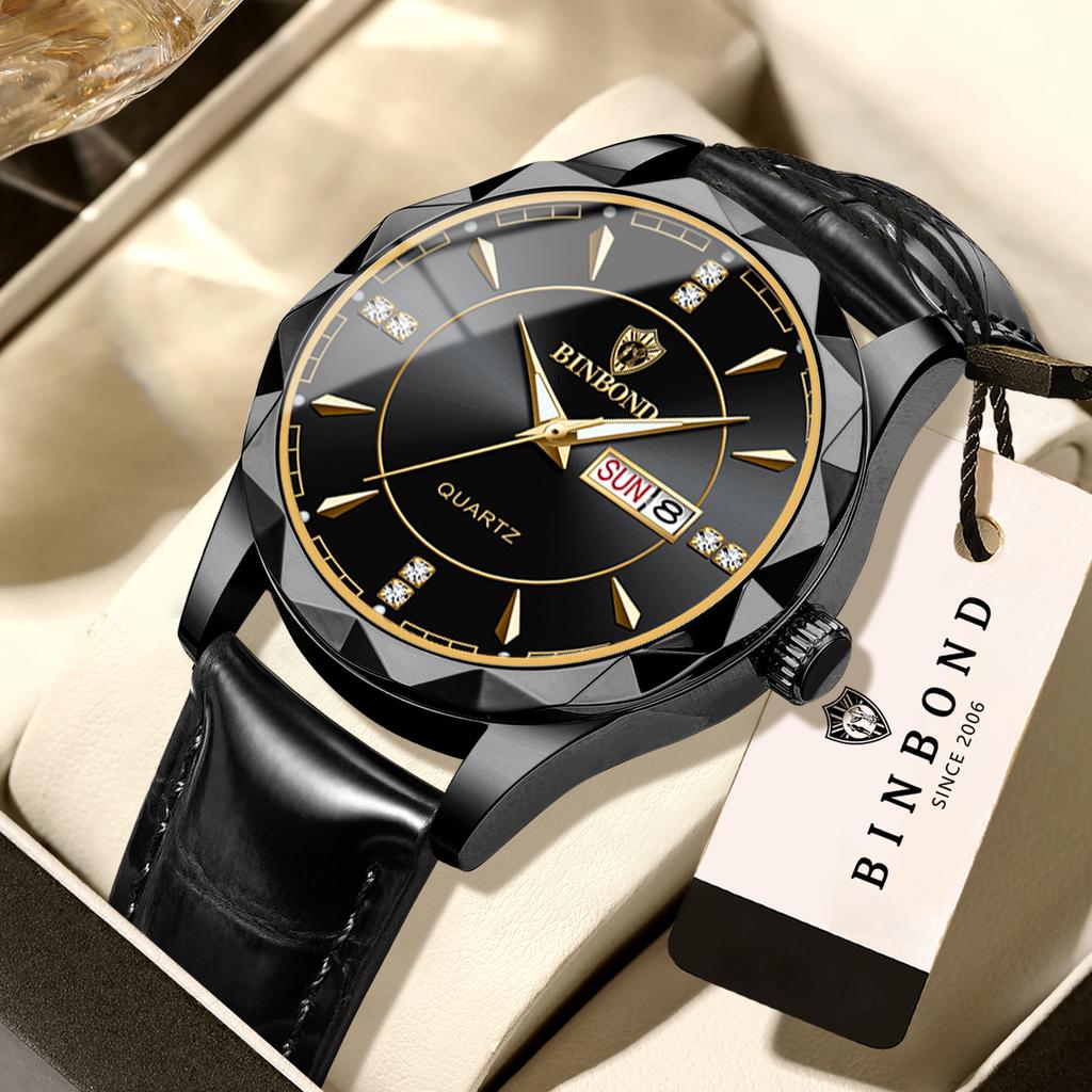 BINBOND Luxury Quartz Wristwatches Luminous Waterproof Auto Date Week Display Men's Watch Durable Leather Sport Casual Reloj
