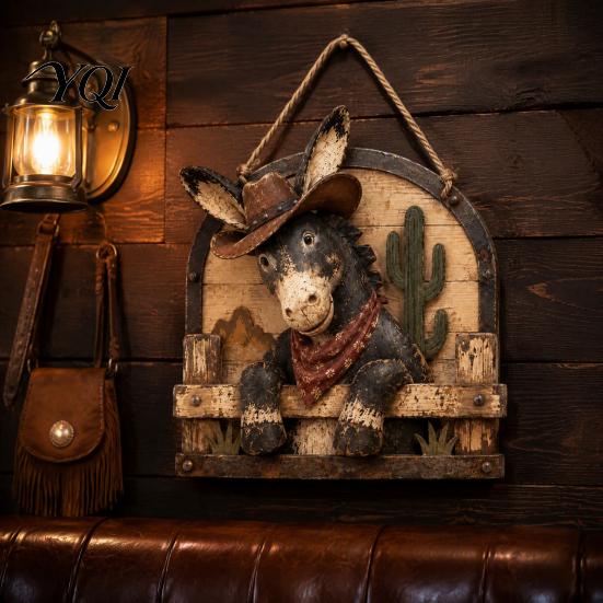 Decorative Wall Sign Western Cowboy Donkey Wooden Hanging Sign, Rustic Farmhouse Decor with Creative Art for Home Rope, Country Style Animal