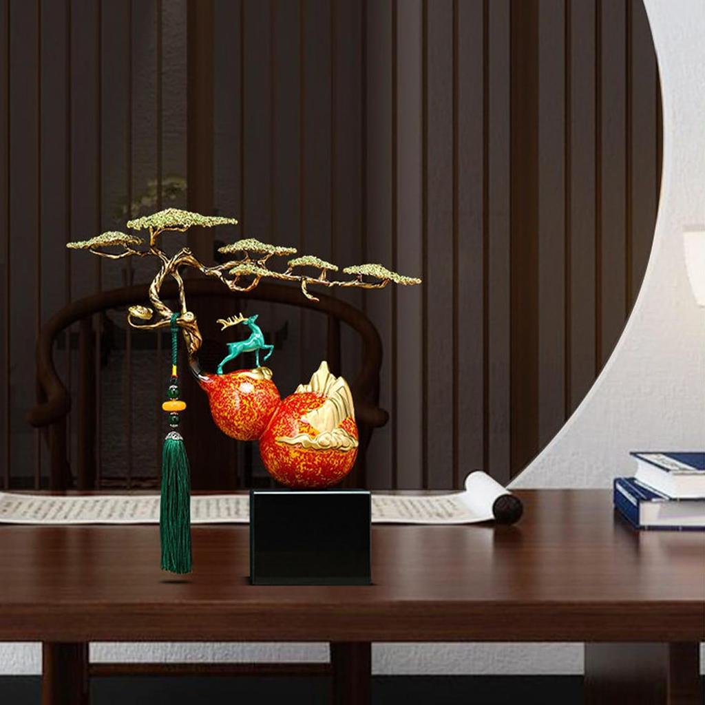 Aris & Juno Feng Shui Decor New Chinese Style Good Fortune and Prosperity Copper Gourd Ornament, Red and Gold Lacquer Art Pine and Deer Statue