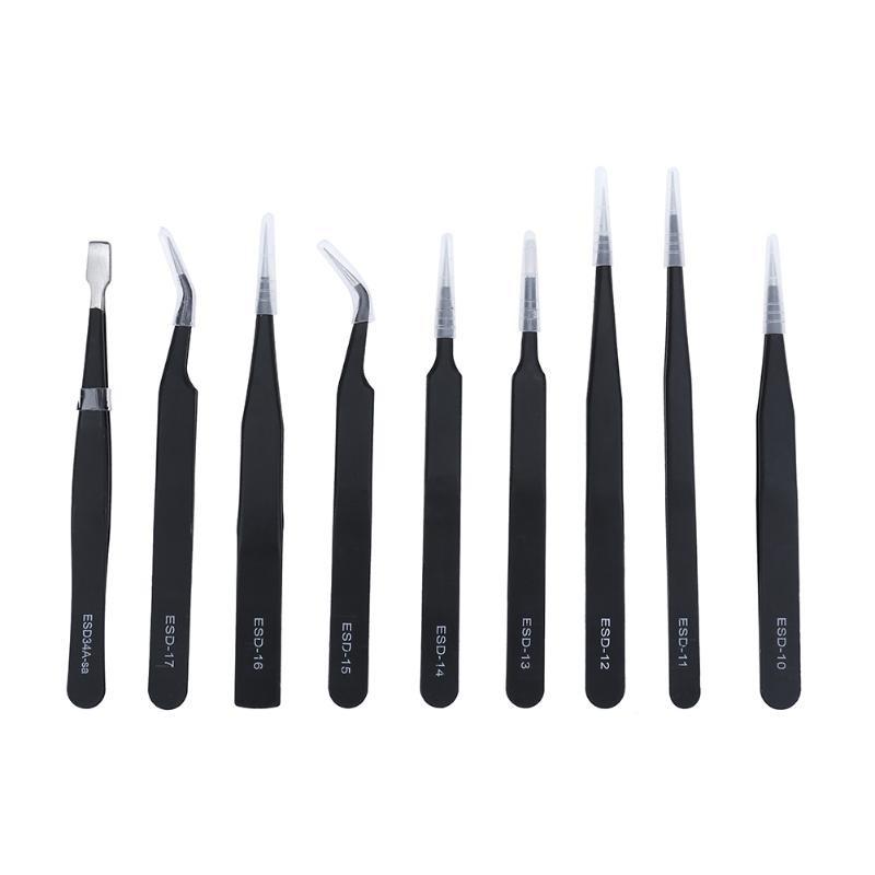 9PCS ESD Tweezers Anti-static Precision Tweezers for Electronic Mobile Phone Repair Tool