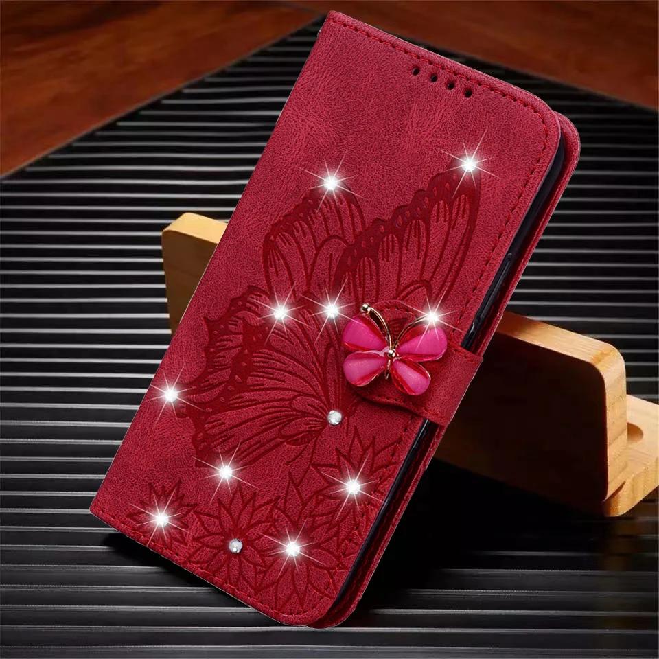 Кошелек-книжка с блестящей кожей для телефона iPhone 16 Pro Max 15 Plus 11 14 13 12 XR XS X SE 2020, с бабочкой, Bling, обложка-книга с карманами