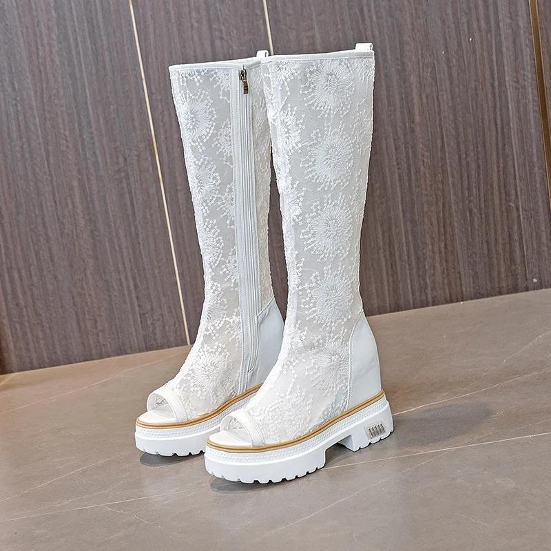 Модные модные роскошные белые кружевные сапоги женские летние высокие сапоги женские повседневные туфли на плоской платформе Botas De Mujer