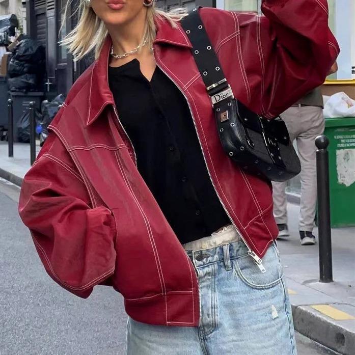 Женская шикарная красная куртка с контрастной строчкой, модное кожаное пальто с лацканами и длинными рукавами на молнии, осенняя женская элегантная уличная одежда