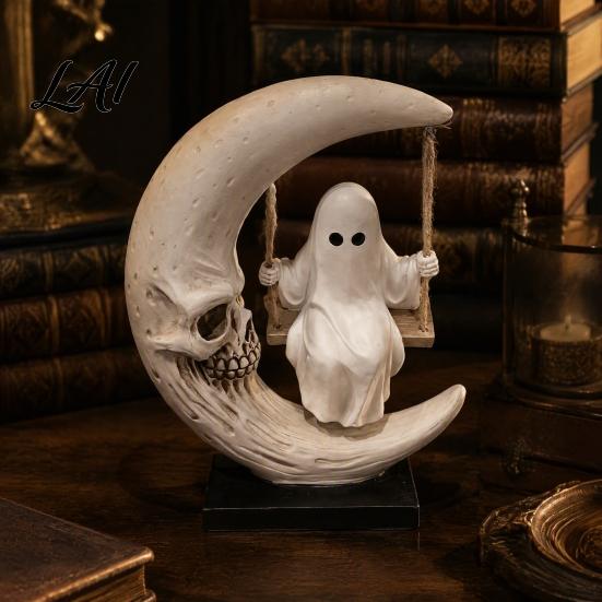 Niche Home Accents Halloween Ghost Swing Figurine Spooky on A Moon Statue Party Favors Resin Gothic Decoration for Desktop Mantel Fireplace,