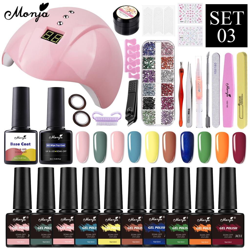 monja 10 шт., набор гель-лаков для ногтей, 36 Вт, УФ-светодиодная лампа, 8 мл, базовое верхнее покрытие, лак для ногтей, наклейки со стразами, украшение, маникюрный набор
