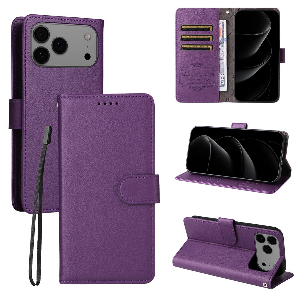 For iPhone 17 Pro Max Case RFID Blocking 3 Card Slots PU Leather Phone Cover with Wrist Strap
