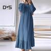 Women Robe Dress Crew Neck Long Puff Sleeves Pure Color Plus Size Patchwork Straight Pullover Casual Middle East Area Traditional Clothes Maxi Dress
