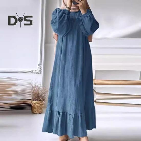Women Robe Dress Crew Neck Long Puff Sleeves Pure Color Plus Size Patchwork Straight Pullover Casual Middle East Area Traditional Clothes Maxi Dress