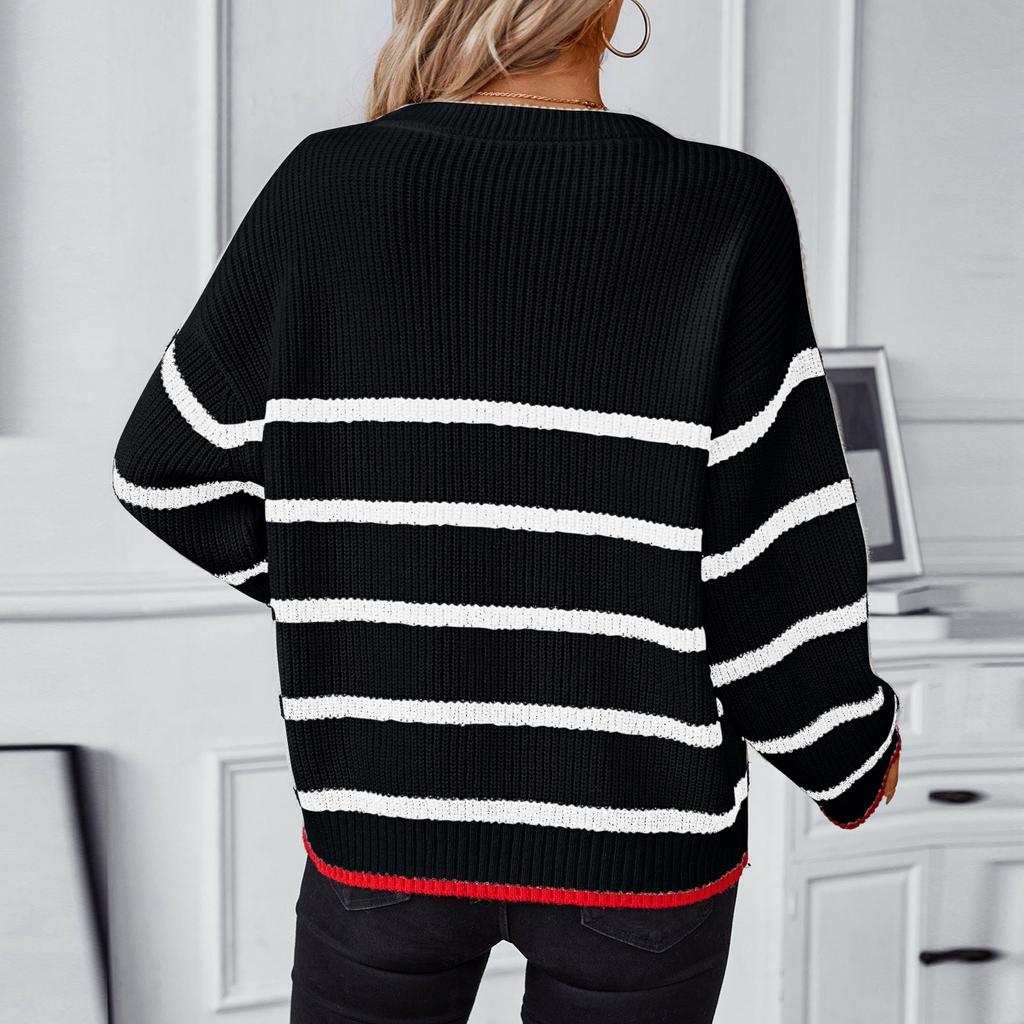 Женская повседневная мода с круглым вырезом и длинными рукавами, вязаный свитер с принтом, топ