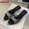 Fashion Fashion Pointed Toe Ladies Low Heel Slippers Shoes Luxury Rhinestones Women Heeled Slippers Female Slides Sandals Pumps