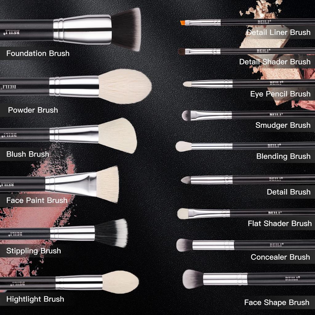 BEILI Makeup Brushes 15pcs Professional Premium Synthetic Goat Hair Kabuki Foundation Blending Face Powder Blush Concealers Eye Shadows With Holder