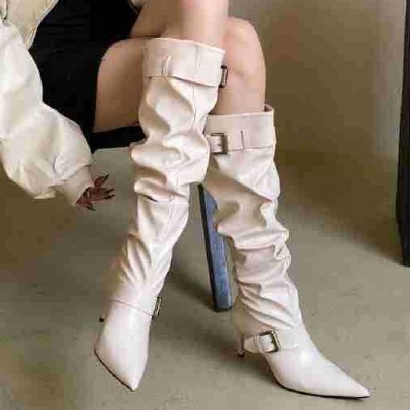 2025 New Autumn and Winter Belt Buckle Thin Heel Medium Heel High Heel Boots Pleated Women's Boots Stacking Boots Martin Boots Western Boots