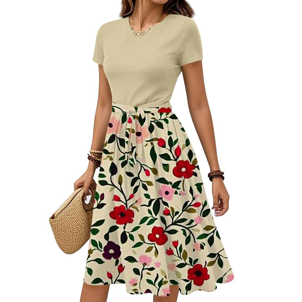 Women's Casual Fashion Belted Floral Print Short Sleeve Round Neck Elegant Dress