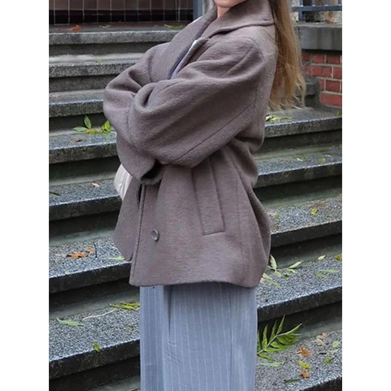 Women's Woolen Coat Thick Lapel Long Sleeve Jackets Oversize Casual Coats Elegant Lady Office Outerwear Autumn Winter