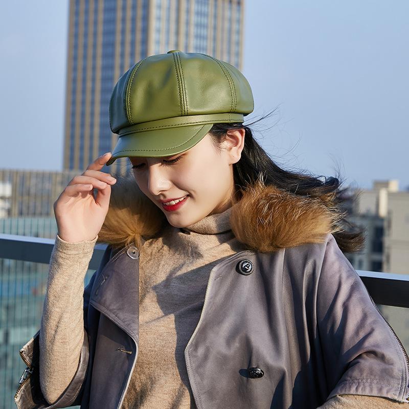 Осенне-зимняя восьмиугольная шапка, шапка художника из овчины, кожаная шапка, женский берет