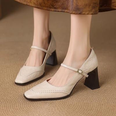 Винтажные туфли Мэри Джейн женские с перемычкой на подъеме, на толстом каблуке бургундского цвета, белые, для通勤, на высоком каблуке, одинарные