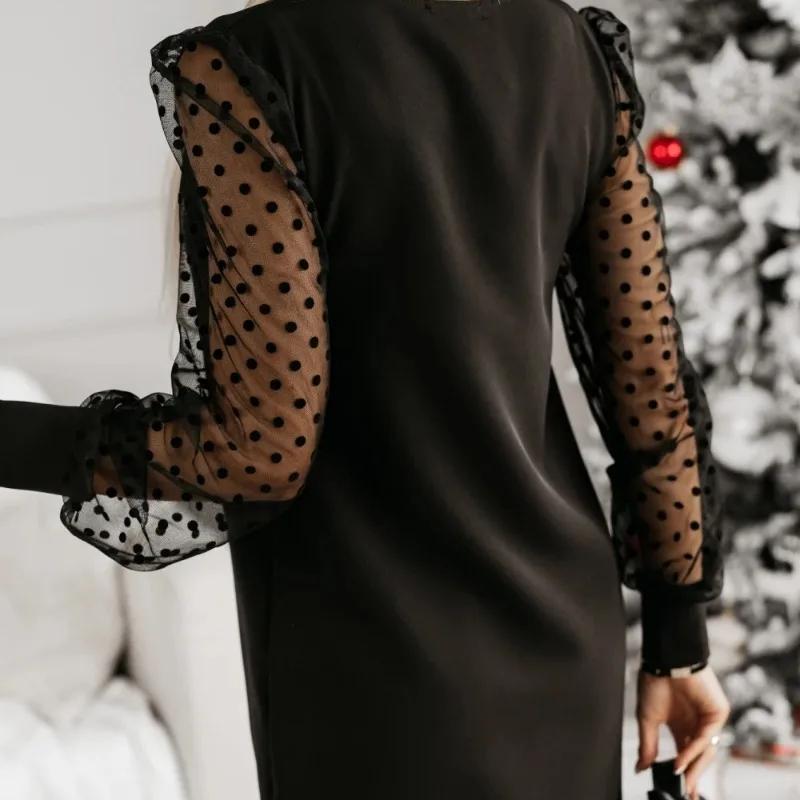 Сексуальное элегантное платье средней длины в винтажном стиле с длинными рукавами и кружевом для женщин. Новое однотонное платье с длинными рукавами и сетчатым рукавом с круглым вырезом.