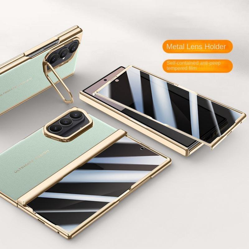 Гальванизированный чехол из гладкой кожи на пружинных петлях для Samsung Galaxy Z Fold 7, всесторонняя защита, задняя крышка из закаленного стекла