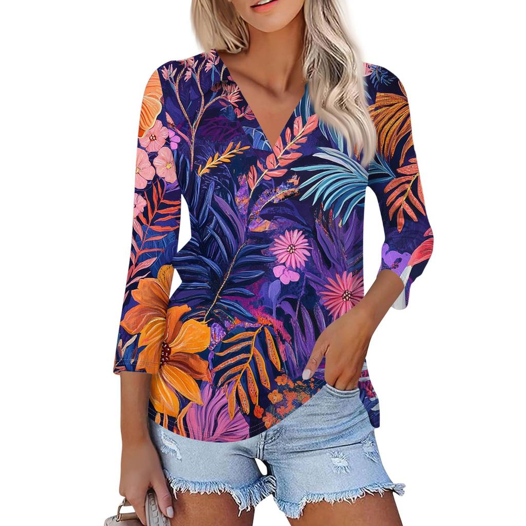 Женская летняя модная повседневная рубашка с v-образным вырезом и семью рукавами с принтом, топ