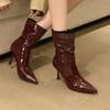 Fashion Sexy High Heels Ankle Boots Women Pointed Toe Heeled Shoes Pleated Designer 2025 Winter Chelsea Lether Shoes Luxury Pumps Botas
