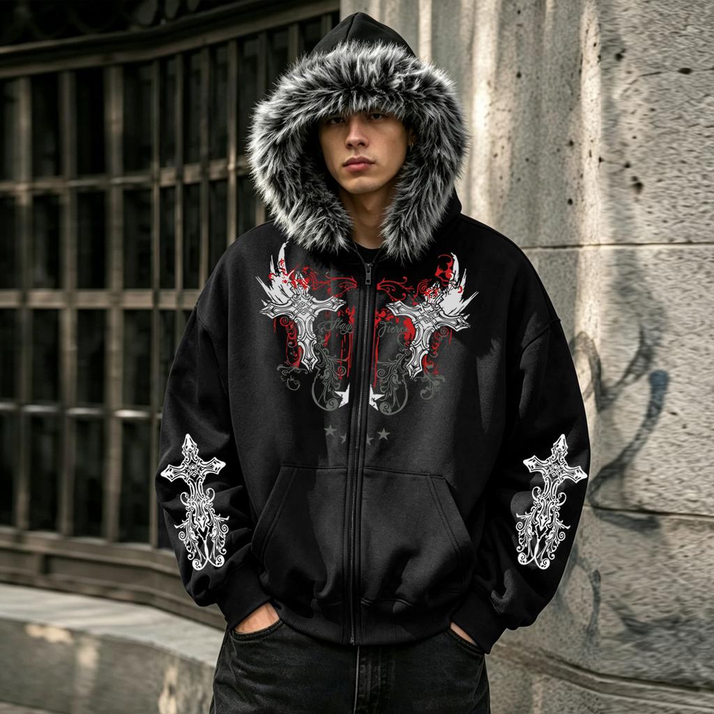 Men's Faux Fur Collar Full-Zip Printed Hooded Jacket, Casual Long-Sleeve Fashionable 2026 Fall Sweatshirt Jacket with Pockets
