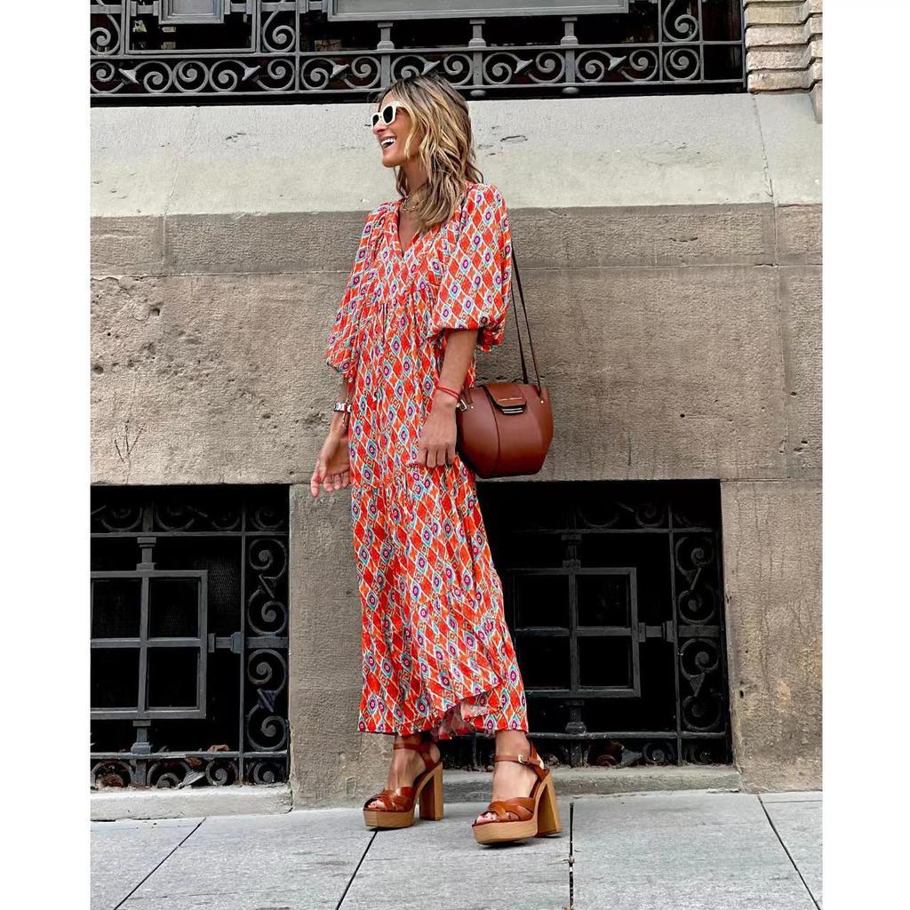 Летнее трендовое платье с геометрическим узором и рукавами-фонариками 2022 года, женская мода больших размеров.