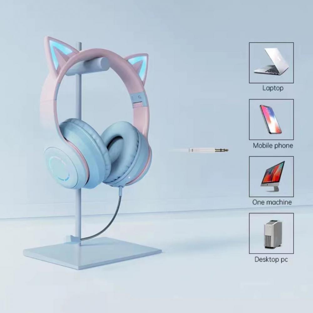 Наушники-кошачьи ушки с подсветкой RGB, беспроводные, V5.1, складная гарнитура, съемный микрофон, компьютерные игровые наушники