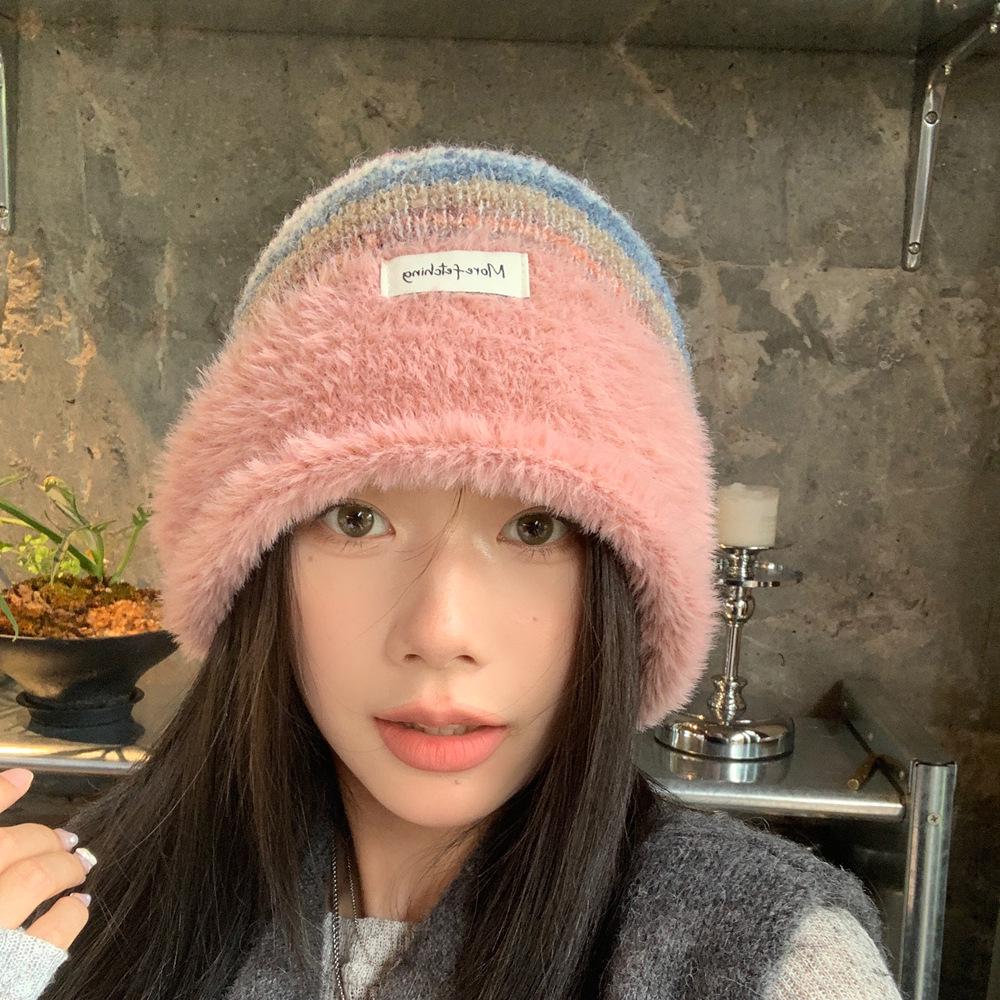 Colorblock Beanie Slouchy Womens Rainbow Autumnwinter Warm Hat With Ear Protection Fits Large Head Circumference