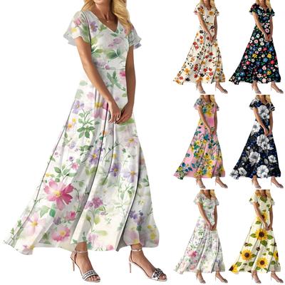 Модное Женское свободное повседневное платье с V-образным вырезом, короткими рукавами и высокой талией