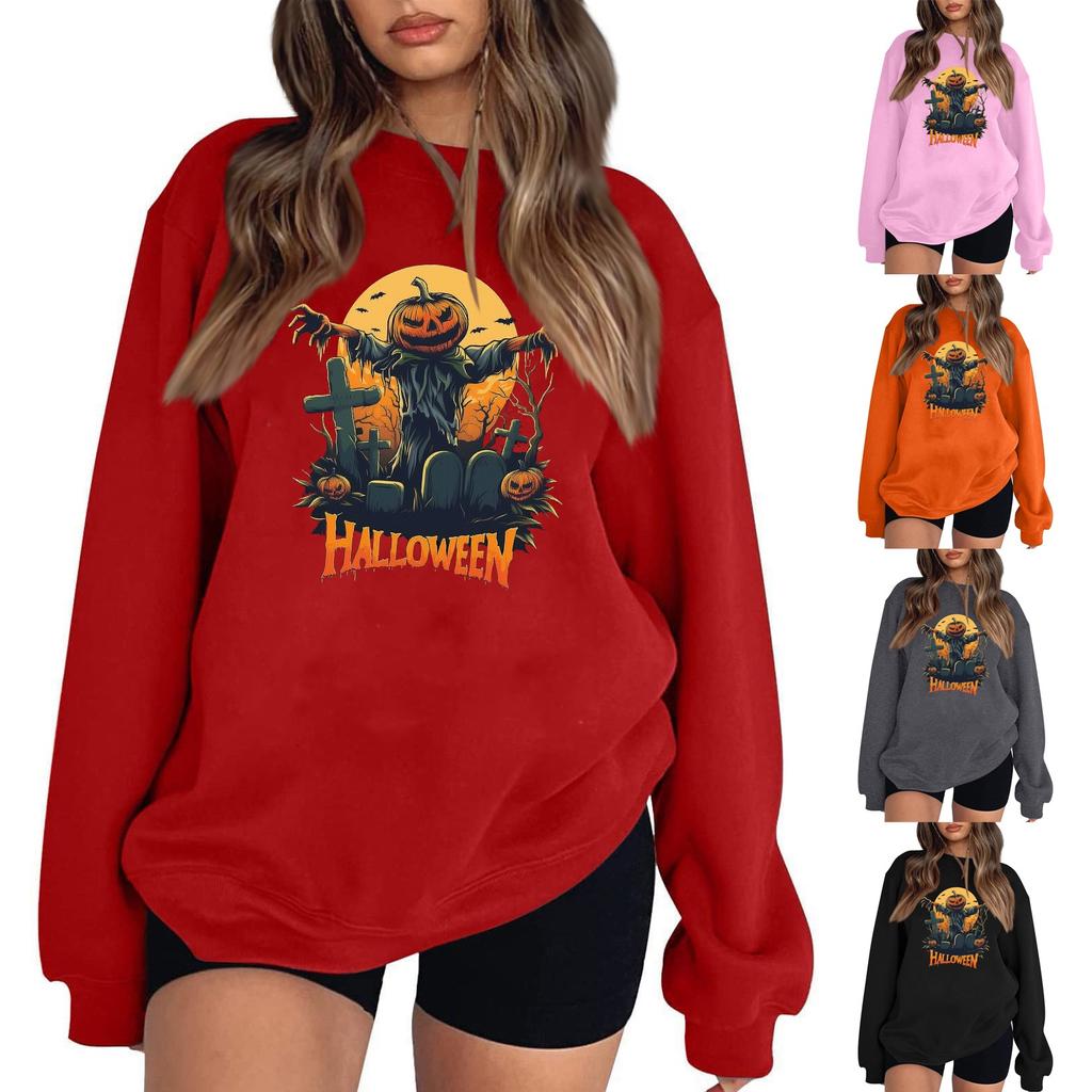 Women's Casual Round Neck Long Sleeved Pullover, Halloween Printed Top, Long Sleeved Hoodie