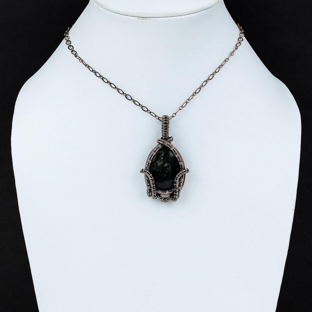 Серебряный блестящий обсидиановый кулон, обернутый медной проволокой, уникальный кулон, драгоценный камень, медные украшения, кулон ручной работы, ювелирные изделия в стиле бохо, подарок для него