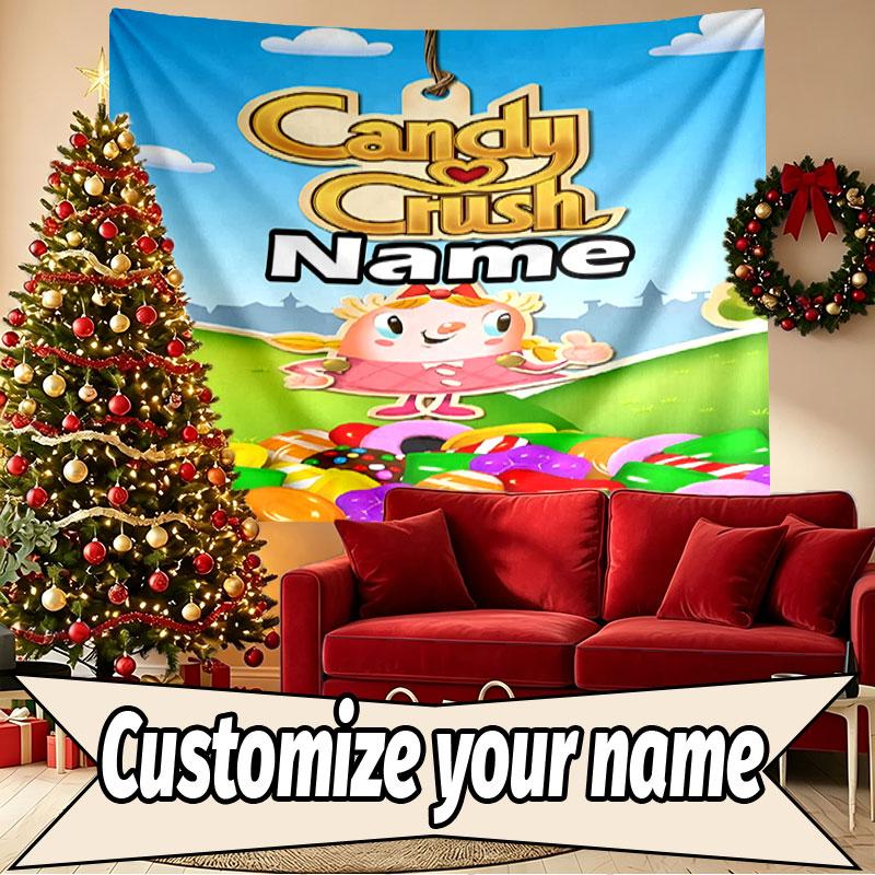 Custom Name Personalized Candy Crush Saga Print Tapestry, Wall Art Decor, Bedroom, Dorm, Apartment, LivingRoom, Party Backdrop, Gift for Birthday