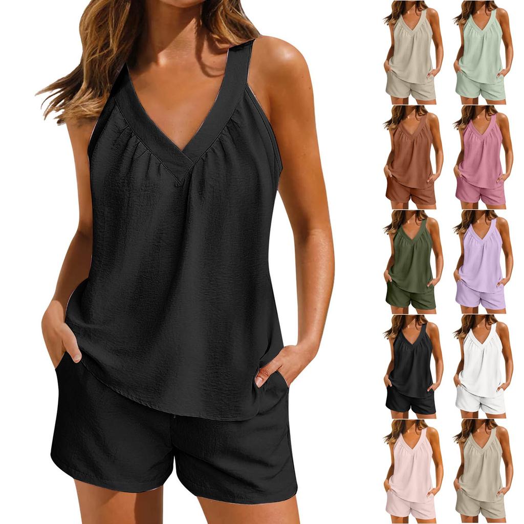 Women's Solid Color Loose V-Neck Pullover Sleeveless Casual Top With Pockets Shorts Set