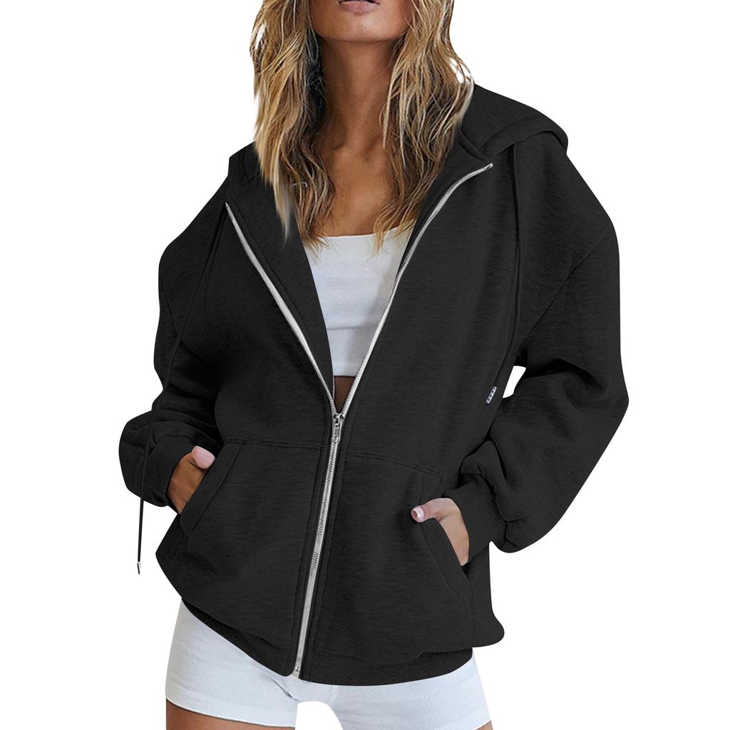 Women's Autumn Fashion Zipper Hoodie Long Sleeve Hooded Pullover Sweatshirt Casual Solid Color Tops With Pockets